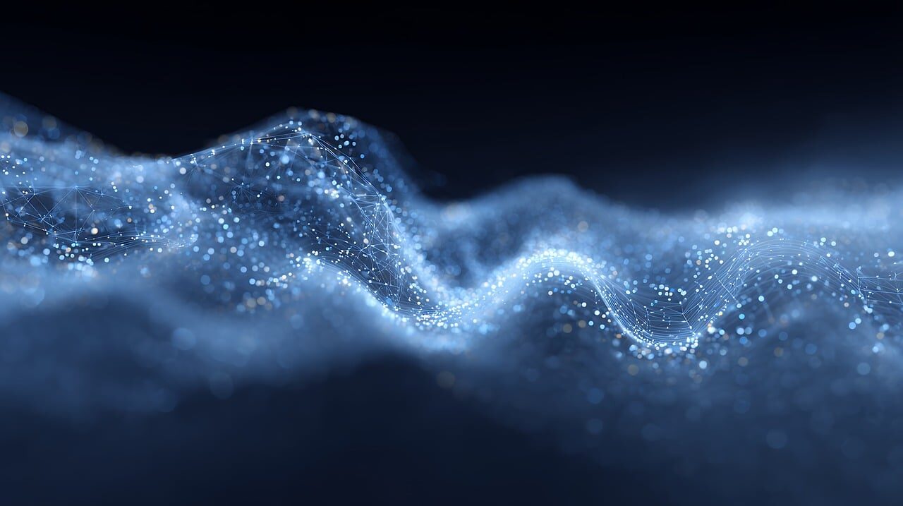 ai generated, abstract, wave, particle, water, light, glowing, nature, dark, motion, flow, shape, fantasy, dynamic, background, wallpaper, design, texture, smooth, surface, energy, futuristic, technology, science, data, network